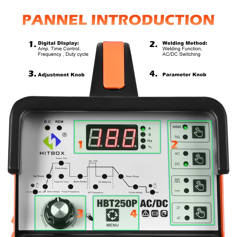 Imagem -02 - Hitbox Precise Digital Pulso Soldador Alumínio Tig Máquina de Solda ac dc Igbt Inversor Argon Stick Arc hf Tig Mma Hbt250p 2t 4t