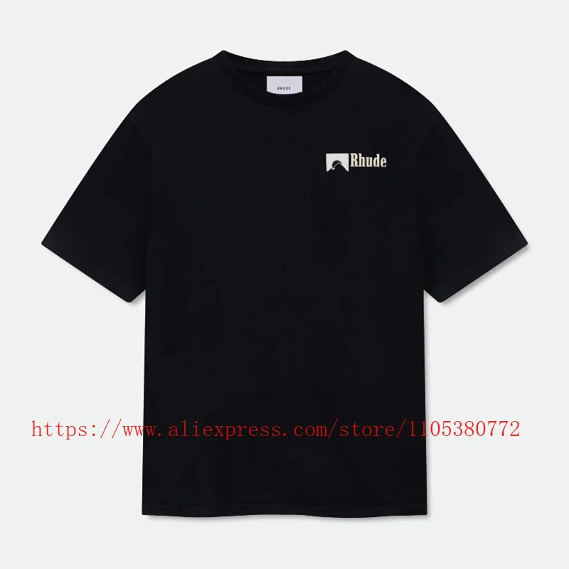 2026SS RHUDE Men’s T-Shirt Retro Small Mountain Logo Print Black Cotton Casual Tee Fast Delivery