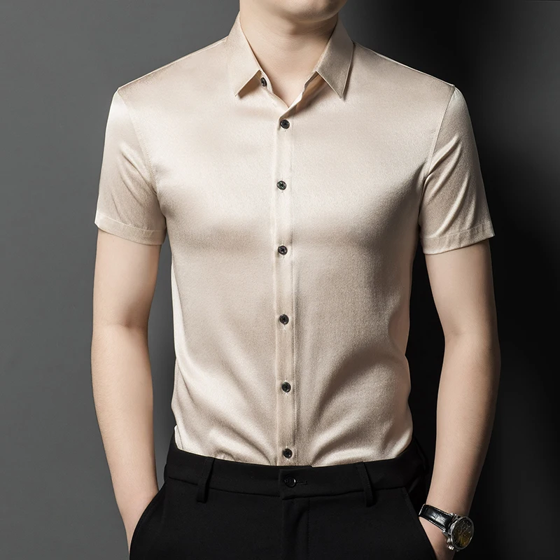 HT1092 Lightweight Solid Color Shirts For Men Short Sleeve Silk Summer High Quality Soft Comfortable Gentleman Camisas De Hombre