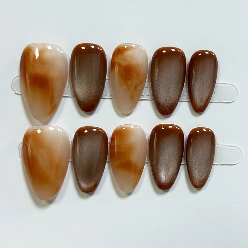 

10 Pieces Minimalist Velvet Handmade Press On Nails Caramel Light Brown Gradient Fake Nails Removable Reusable