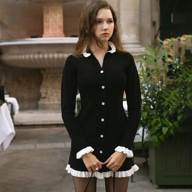 

Tuularose Elegant Knit Mini Dress Fashion Ruffle Patchwork Slim Knit Dresses Vintage High Waist Slim V-Neck Women's Knit Dresses
