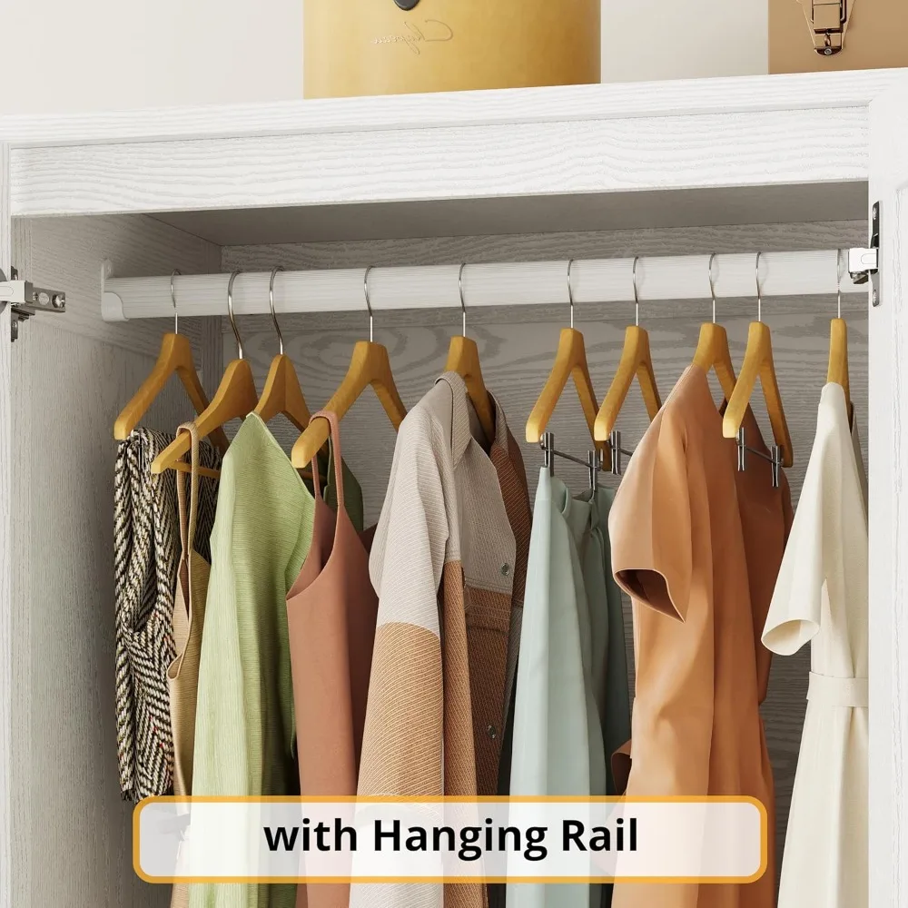 白い木製ワードローブクローゼット、5ドア、4段棚、ハンガーロッド付き、高さ70インチ、衣類収納キャビネットオーガナイザー