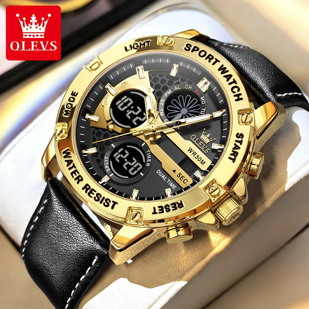 OLEVS Casual Sport Dual Display Quartz Electronic Man Watch Outdoor Fashion Leather Waterproof Week Date Alarm Digital Watches