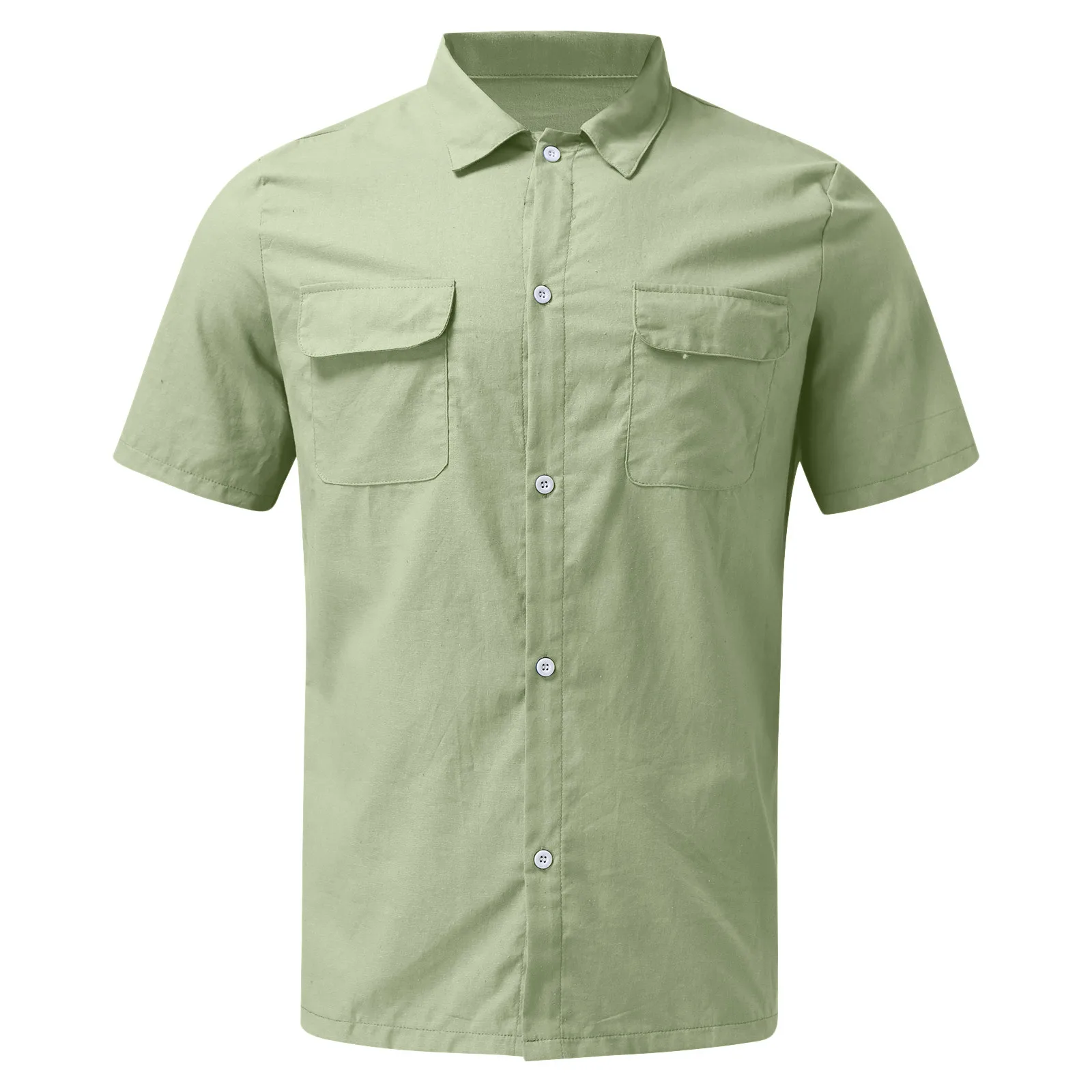 Men Fashion Casual Shirt Solid Color Double Pocket Single Breasted Shirt Short Sleeve Button Down Linen Shirts Mens Tops Blouse