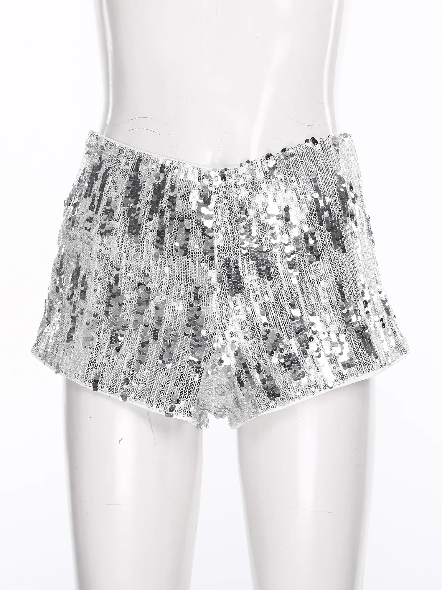 กางเกงขาสั้นผู้หญิงประดับเลื่อมวิบวับ มีซิปด้านข้าง ยืดหยุ่น กระชับสะโพก ทรงชีคกี้ เหมาะสำหรับงานเรฟ แดนซ์ และการแสดงบนเวที