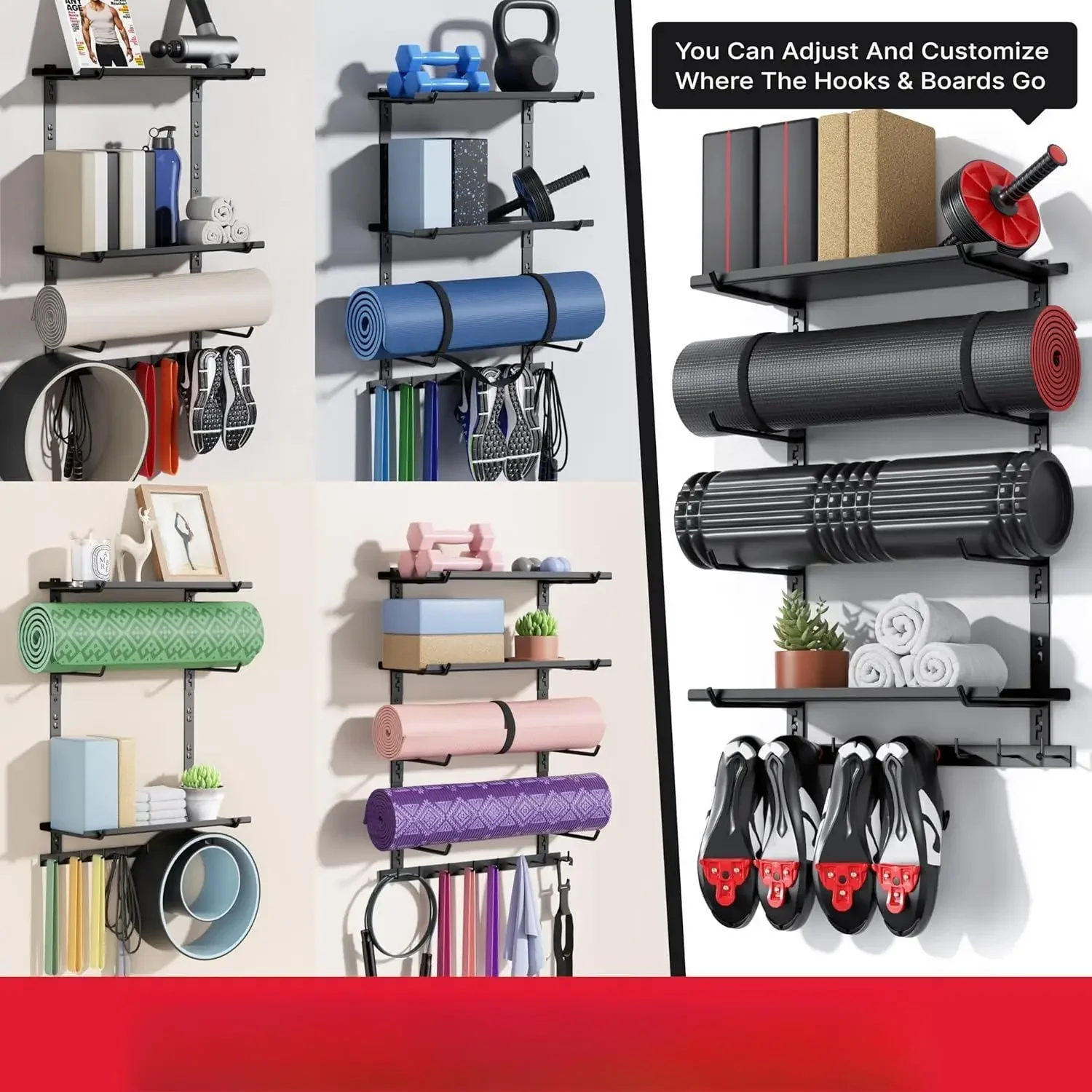 W_Home Gym Storage Shelf Only, Adjustable Gym Equipment Organizer Wall Mounted with 2 Boards, Yoga Mat Holder