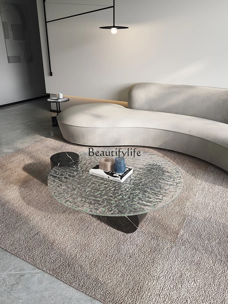 Italian light luxury minimalist round rock slab stainless steel marble water ripple hot melt glass coffee table