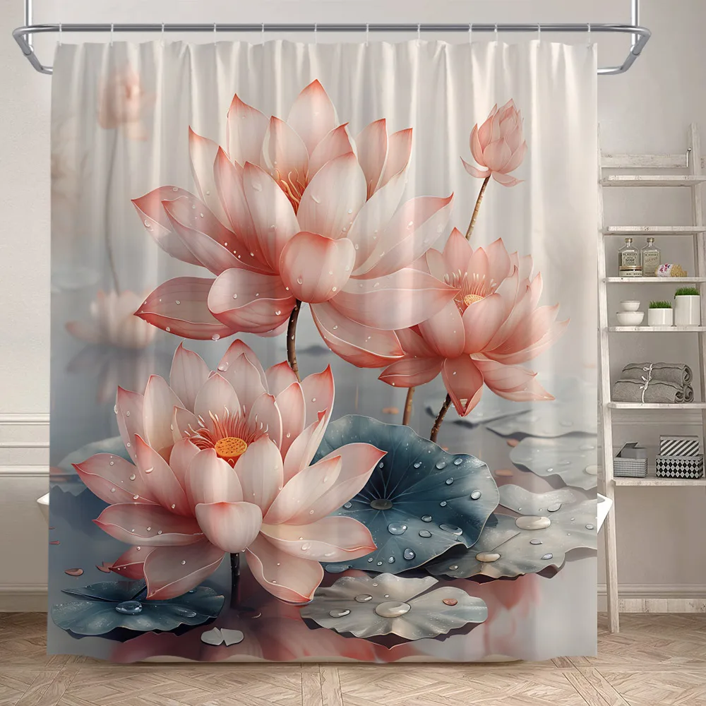 Floral Koi Carp Shower Curtains Fish White Lotus Green Leaves Plant Japanese Style Art Modern Polyester Bathroom Curtain Decor