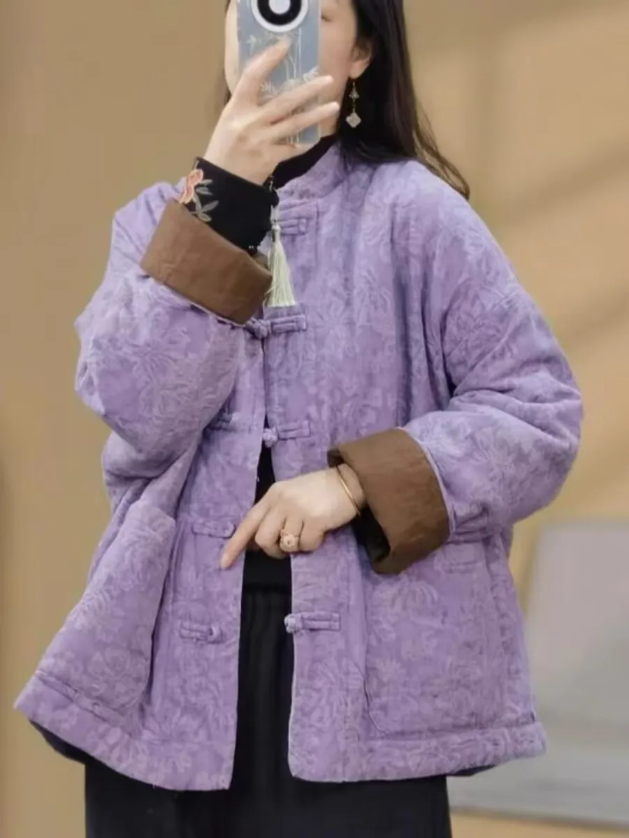 New Chinese Zen Style Women's Cotton Jacket with Button Stand Collar Embroidered Cotton Sandwich Thermal Outerwear Coat