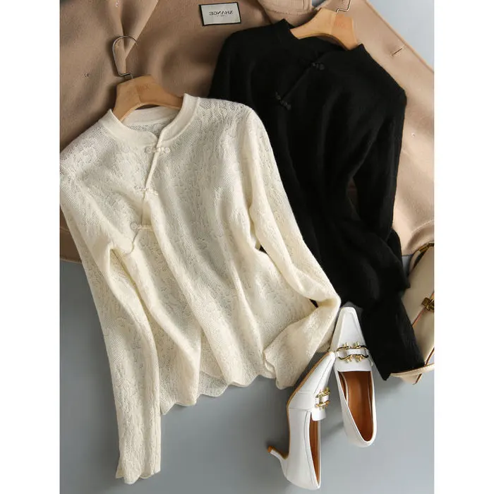 Cashmere Sweater Women\'s Spring and Autumn New Bottoming Shirt  button Loose Thin Cashmere Sweater Retro