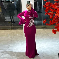 Sevintage Elegant Fushia Mermaid Satin Prom Dress Sequineds Long Flare Sleeves Floor Length Sheath Evening Dress vestido de gala