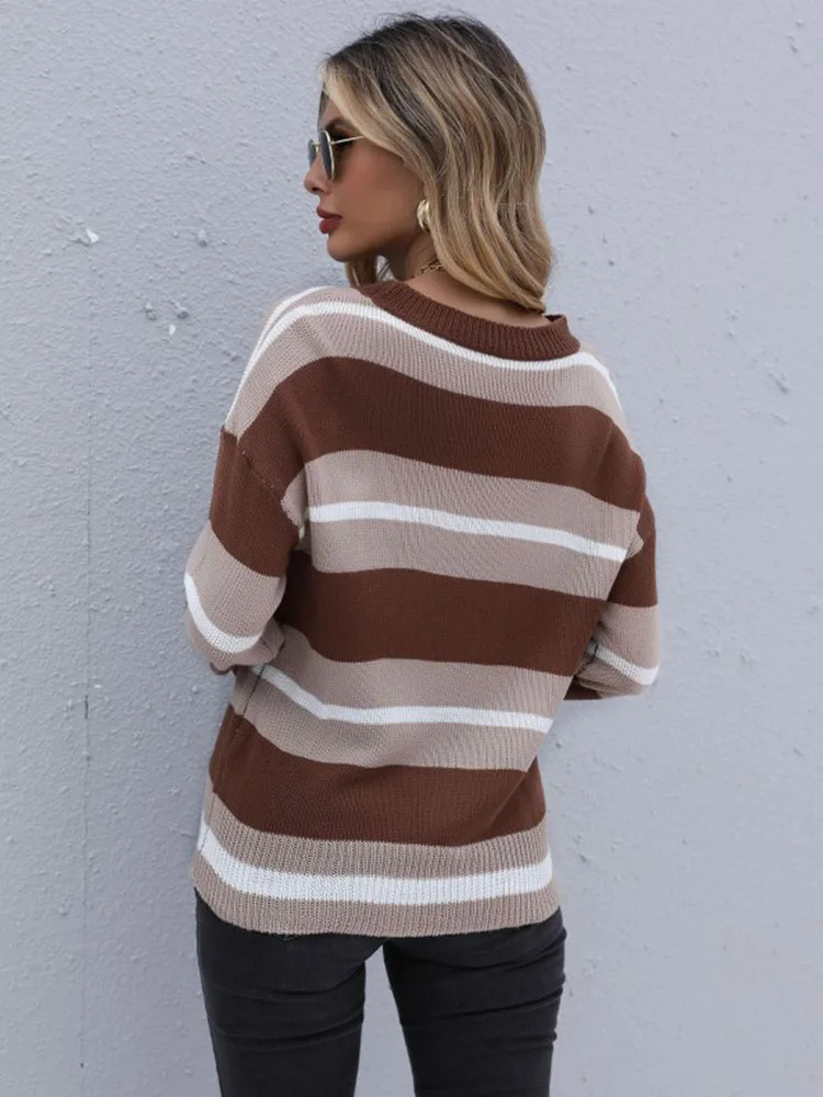 JIM & NORA Women‘s Autumn Fashion Striped Sweater Long Sleeve Casual Round Neck Loose Pullover Sweaters Elegant Tops Streetwear