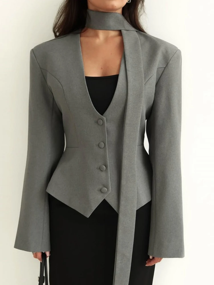 Novità nella primavera autunno moda cappotti eleganti in tinta unita scollo a V colletto sciarpa maniche lunghe top casual comodi blazer con bottoni