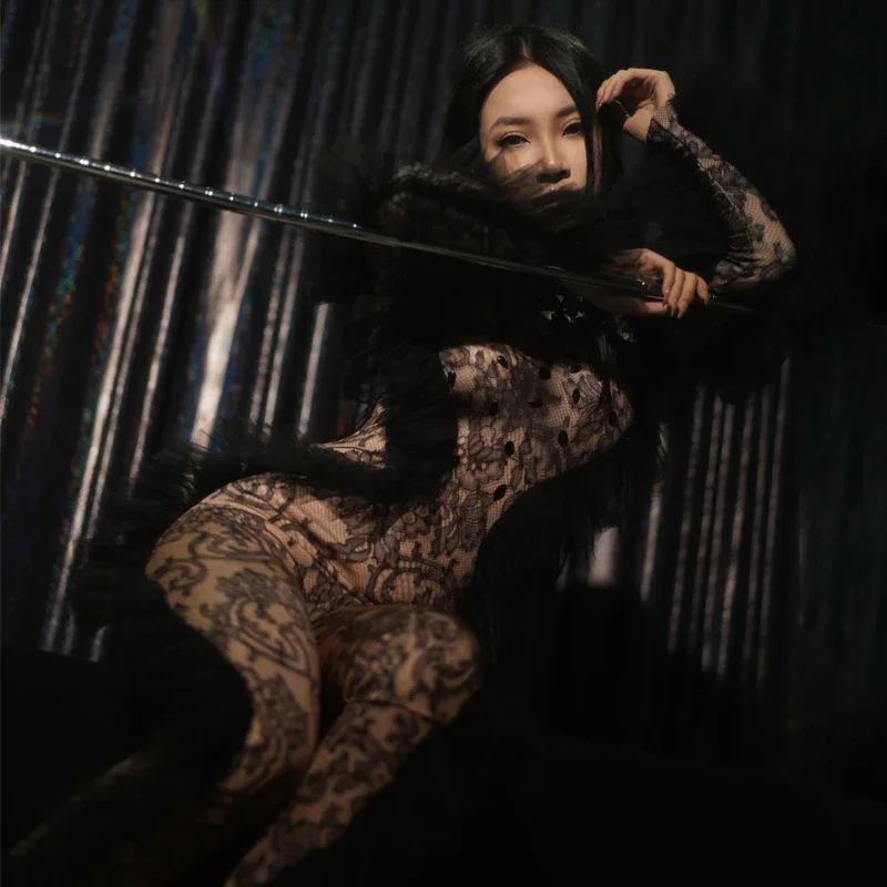 Prospettiva sexy Pole Dance Wear Gogo Costume Donna Party Tuta di pizzo nero Bar Discoteca Dj Ds Stage Solo Rave Outfit XS6217