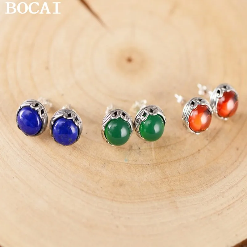 

BOCAI S925 Silver Jewelry Personalized Lapis Lazuli Earrings for Women Exquisite Earrings Inlaid with Peony Flowers and Leaves