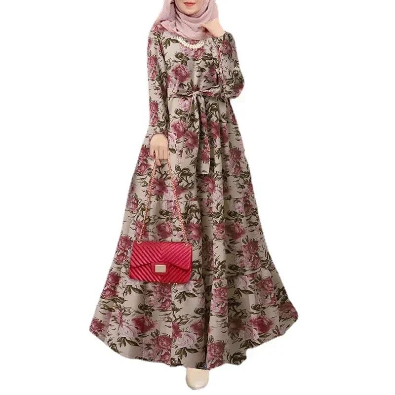 Boho Print Irregular Dress Summer Party Dresses for Women Long Sleeve Belted Kaftan Abayas Muslim Dubai Gowns Morocco Evening