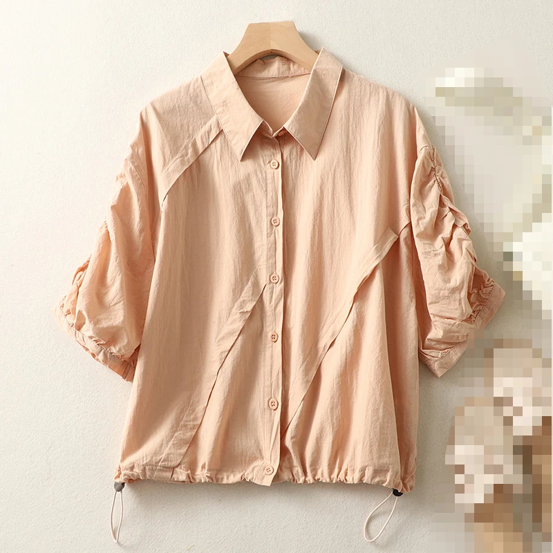 

New Summer Fashion Woman Blouse 2023 Solid Color Lapel and Rotator Cuff Casual Buttons Shirts and Blouses for Women REE1987