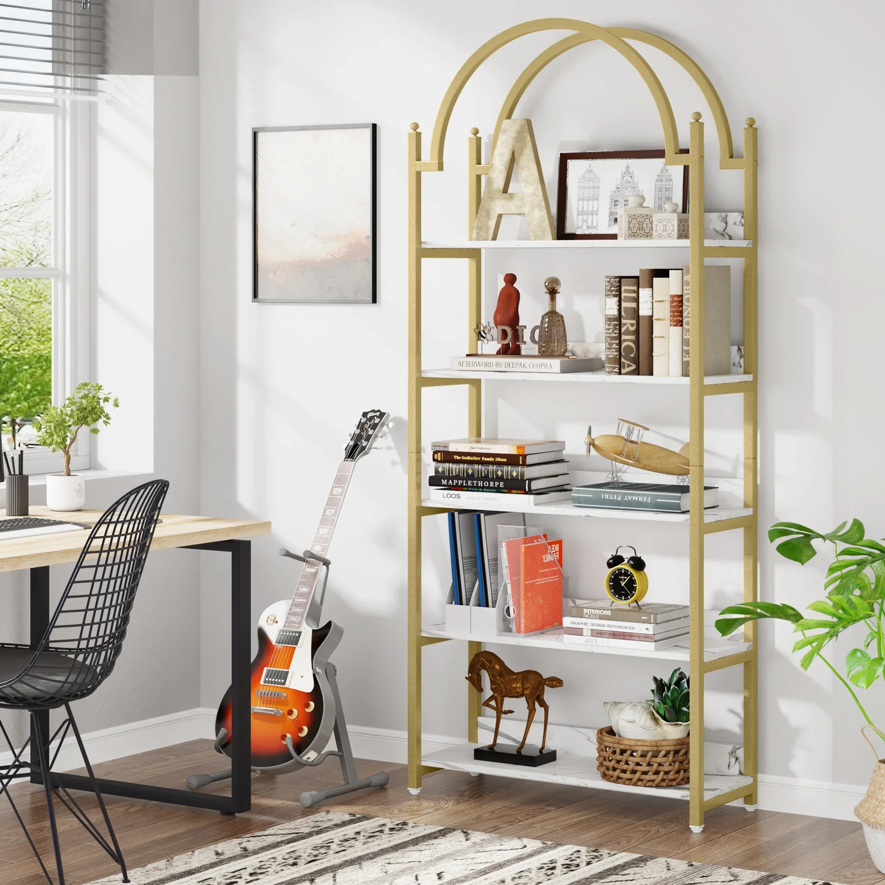 Tribe signs 5-Regal Gold Etagere Bücherregal, modernes Metall offen gewölbtes Bücherregal, 72 Zoll hohe Gold regale