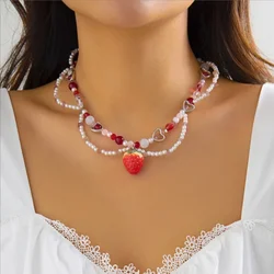 Handmade Strawberry Necklace Pearls Beaded Y2K Necklace Choker Beautiful Glass Beaded Necklace Adjustable Cute Gifts