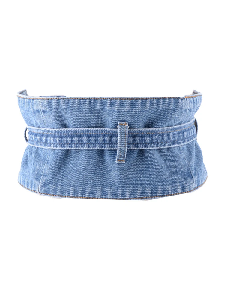 DEAT Women Denim Belt Wide Mid Waist Bicyclic Patchwork Lace Up Solid Color Slim Bow Removable Waistband 2024 Summer New Fashion