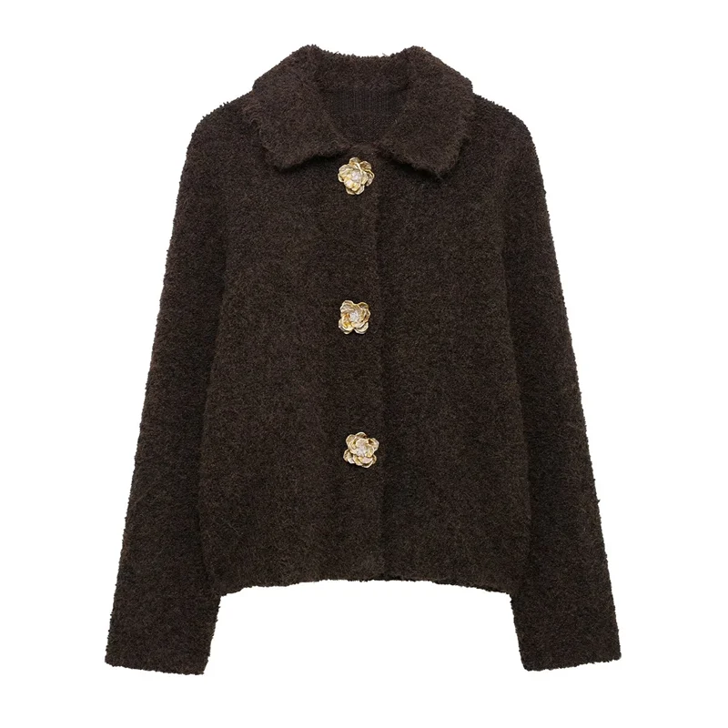 2025 autumn new women's casual fashion simple temperament versatile flower-shaped button-decorated knitted jacket