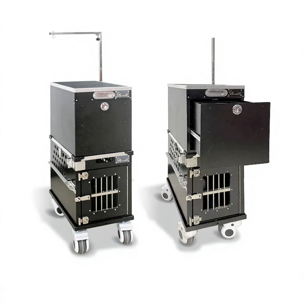 Solidpet Modern Aluminum Breathable Single Fixed Aviation Dog Crate No.1 With Grooming Tool Box & Casters