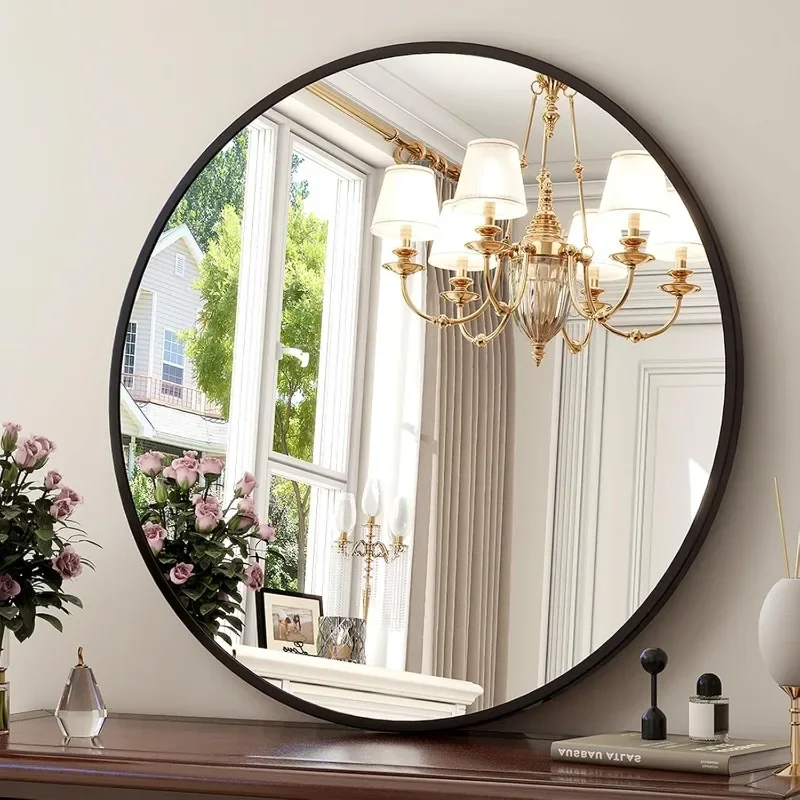 

24 Inch Round Mirror - Circle Mirrors for Bathroom, Entryway and Living Room Wall Decor, Modern Hanging Vanity Mirror