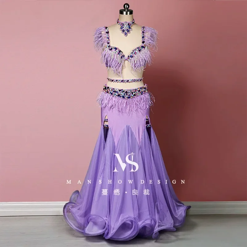 customized belly dance performance costume new feather set fairy and soft wrapped buttocks gauze skirt high-end for women