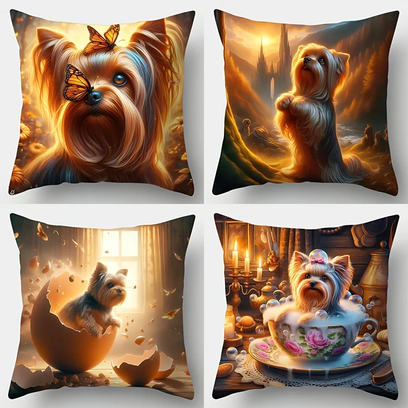 

4 шт. милых декоративных наволочек с принтом животных, очаровательный узор с йоркширским терьером, для дивана в гостиной