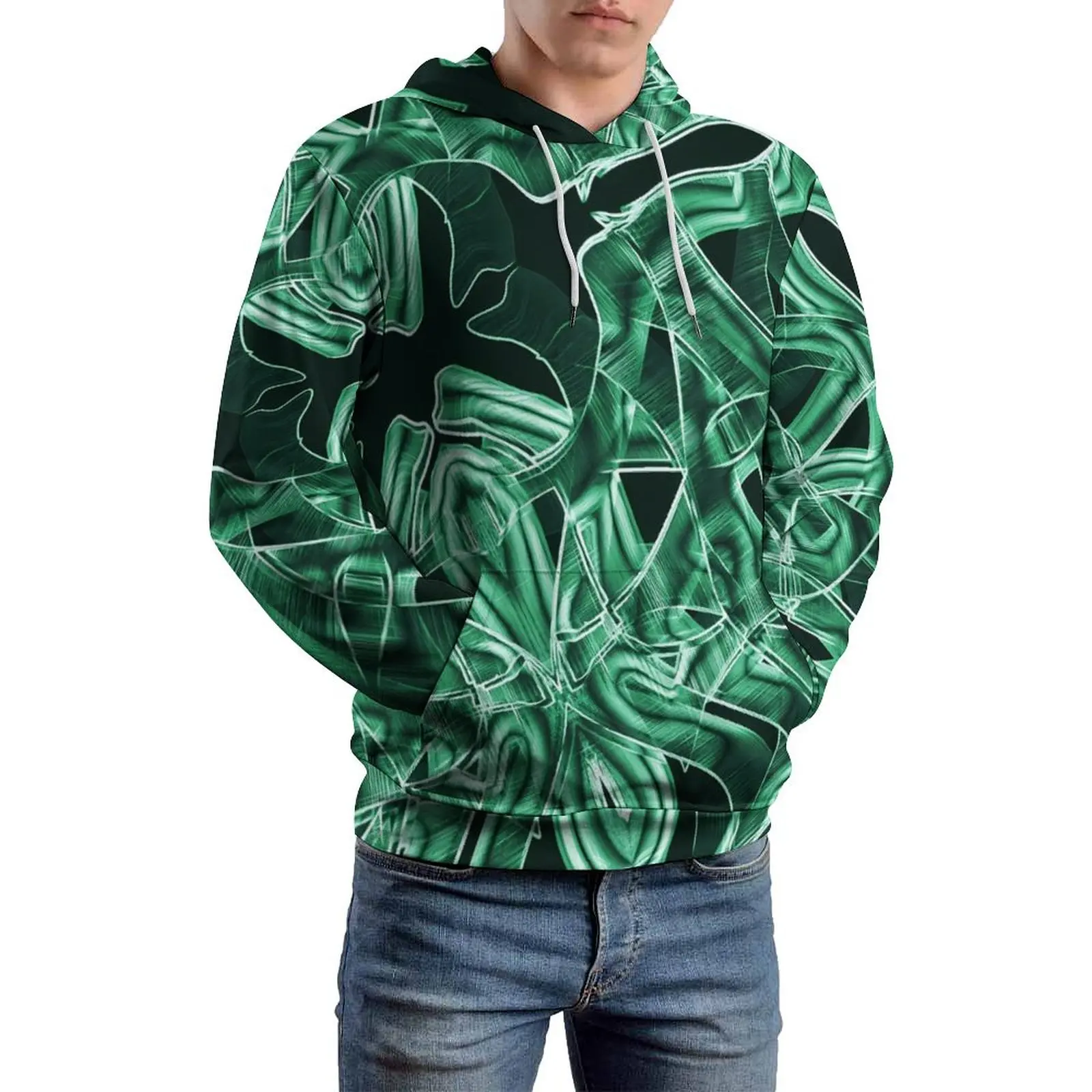 Abstract Curve Loose Hoodies Green Acrylic Print Elegant Hoodie Male Long Sleeve Oversize Classic Graphic Sweatshirts