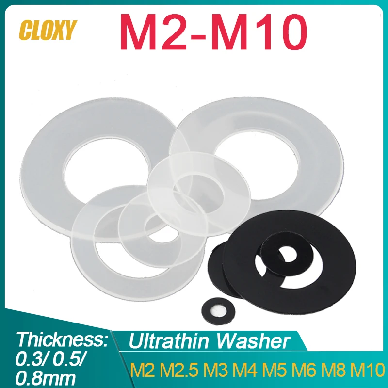50/ 100szt 0.3/ 0.5/ 0.8mm Czarny/Biały Plastik Nylon Ultrathin Podkładka Płaska Pierścień Uszczelniający Podkładka M2 M2.5 M3 M4 M5 M6 M8 M10