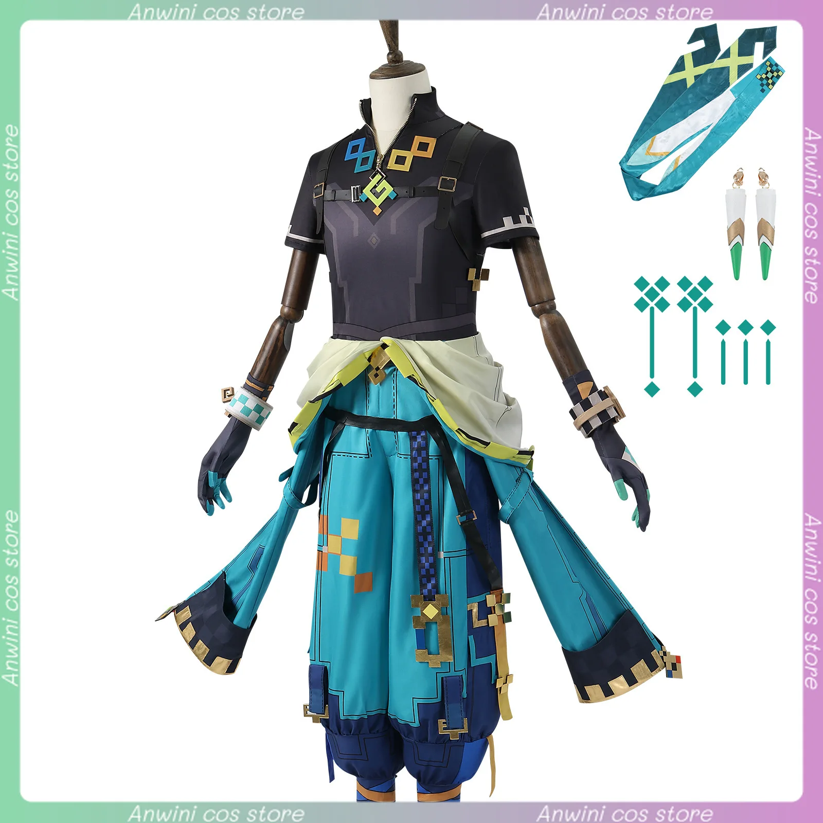 Genshin Impact Anime Kinich Cosplay Costume Wigs Tops Pants Gloves Earrings Set Role Playing Dress-up Comic Con Halloween Outfit - Image 2