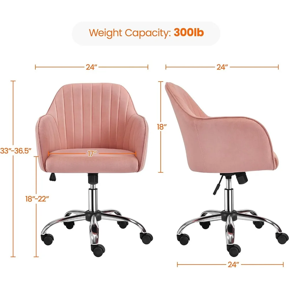 Velvet Vanity Desk Chair for Makeup, Cute Desk Chair, Adjustable and Aesthetic, Task Chairs, Computer Chair, 360 °, Impact, Pink