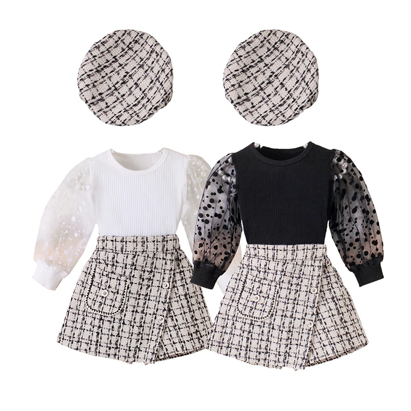 18M-6Y Little Girl Spring 2Piece Outfits Set Dot Print Patchwork Mesh See-through Long Sleeve Tops+Houndstooth Skorts+Beret Hats