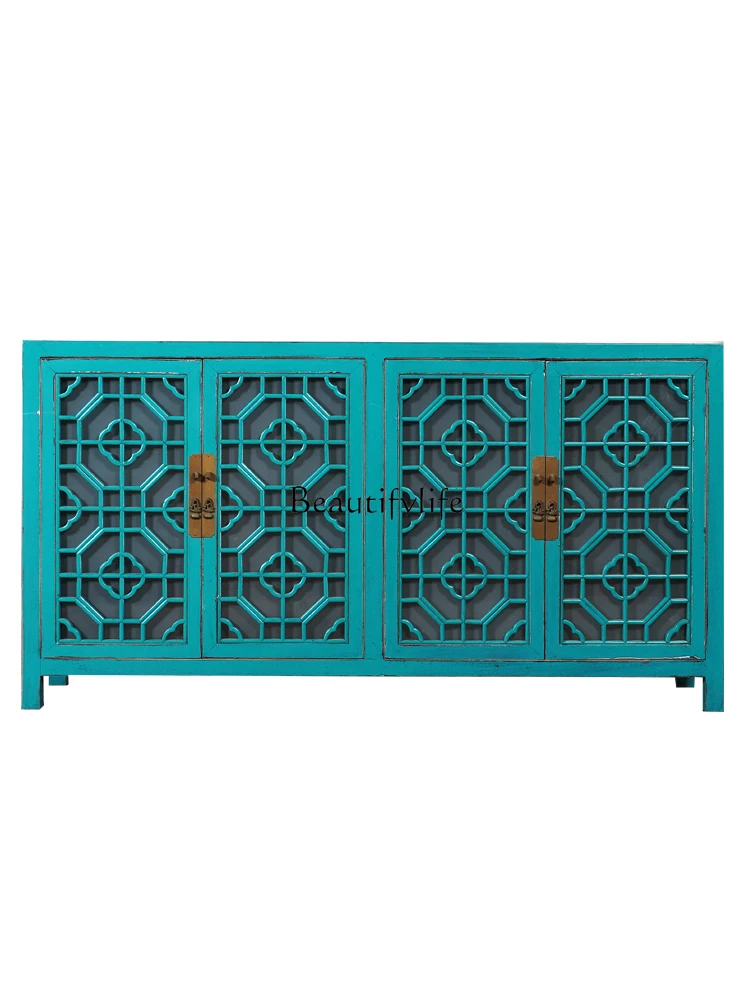 

New Chinese solid wood lattice door elm porch cabinet antique and old classical dining side cabinet