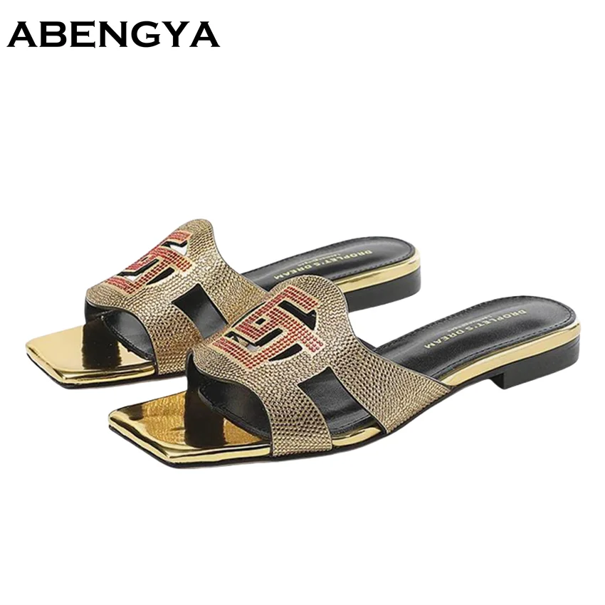 

New Square Toe Flat Crystal Slippers Rhinestone FlipFlops Women Fashion Party Mules Summer Beach Slides Shoes Femininas