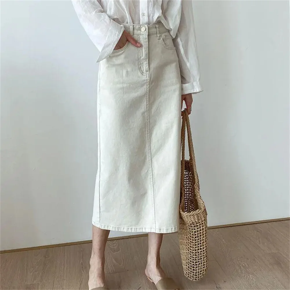White Denim Skirts Women Beige Korean Fashion Versatile Elegant Long Skirt Office Lady Spring Summer A-Line Vintage Faldas Mujer