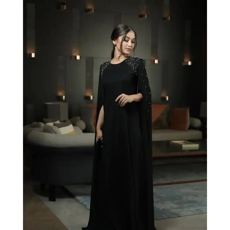 

Fimora Customized Black Long Sleeves Prom Dresses O-Neck Beadings Floor Length Evening Gowns Saudi Party Dress