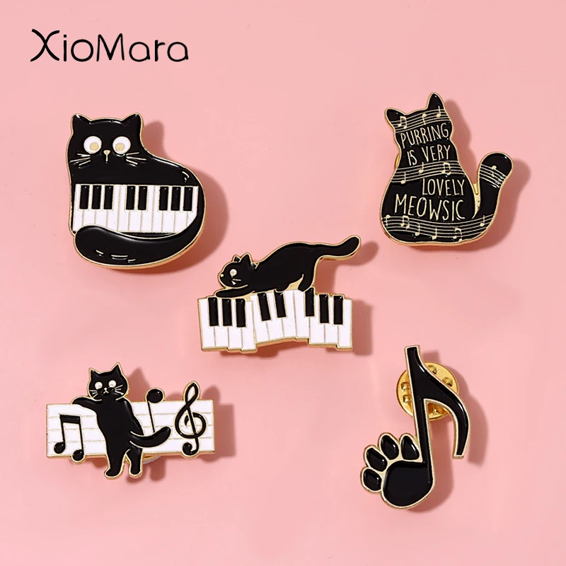 Black And White Keys On The Piano Enamel Pins Cat And Musical Note Brooches Lapel Badges Concert Jewelry Gift For Art Friends