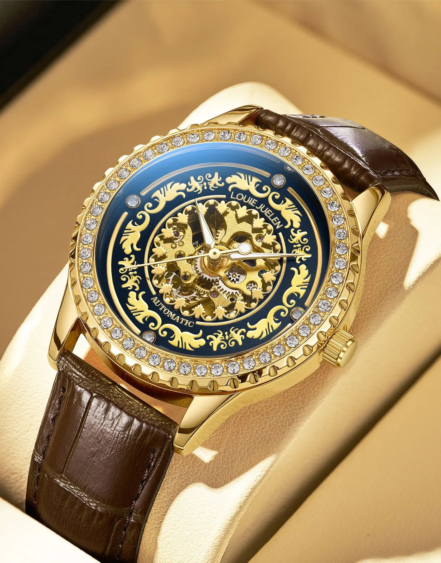 Stainless alloy Full Diamond Skeleton Luminous Waterproof Self-Wind Automatic Watch for Men Exquisite watch