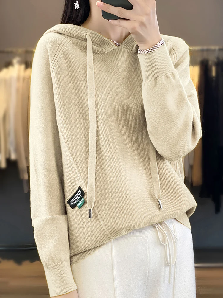 2024 Spring and Autumn Simple Fashion Knitted Hoodie Loose Casual Solid Color Versatile Knitted Women\'s Knitted Hoodie