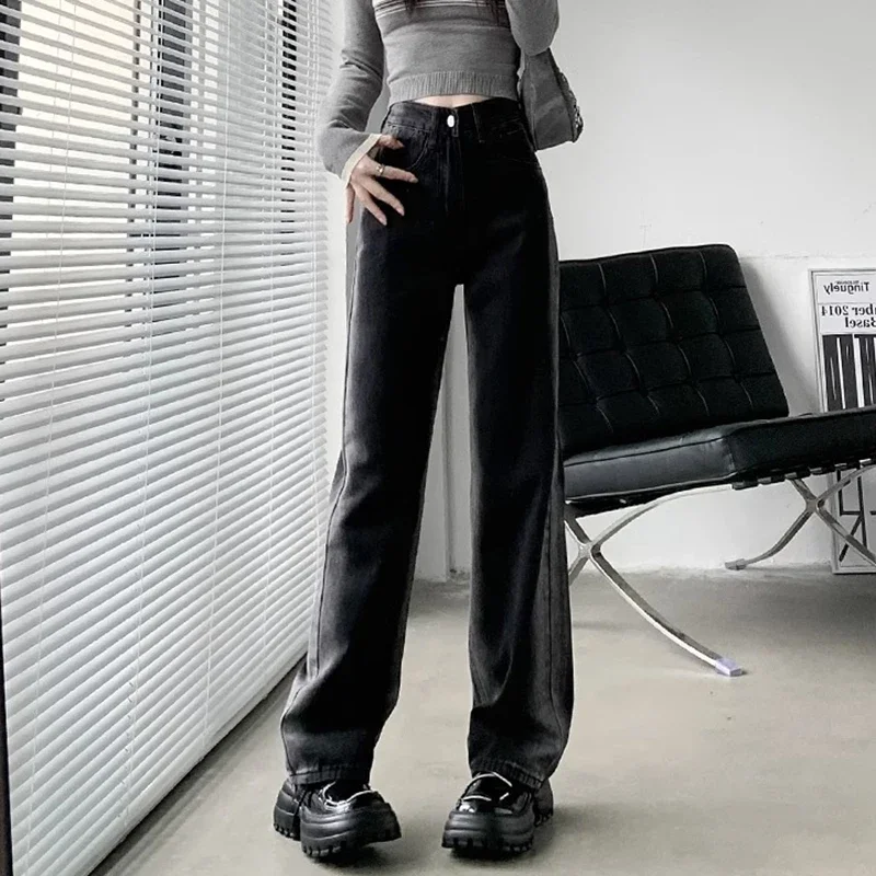 Woman New High Waist Baggy Straight Leg Jeans Female Harajuku Wide Leg Pants Girls Gothic Y2k Black White Denim Stacked Trousers