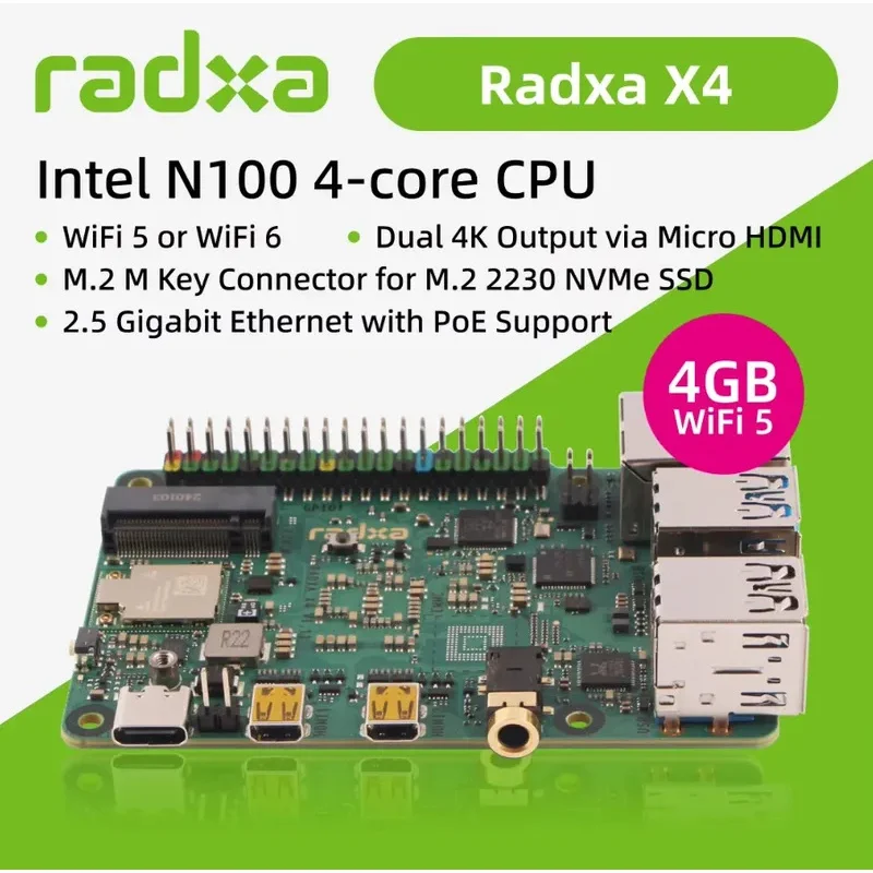 Radxa X4 N100 SBC: PCIe Gen3 NVMe, WiFi 6, Dual 4K HDMI - Raspberry Pi 5 Alternative w
