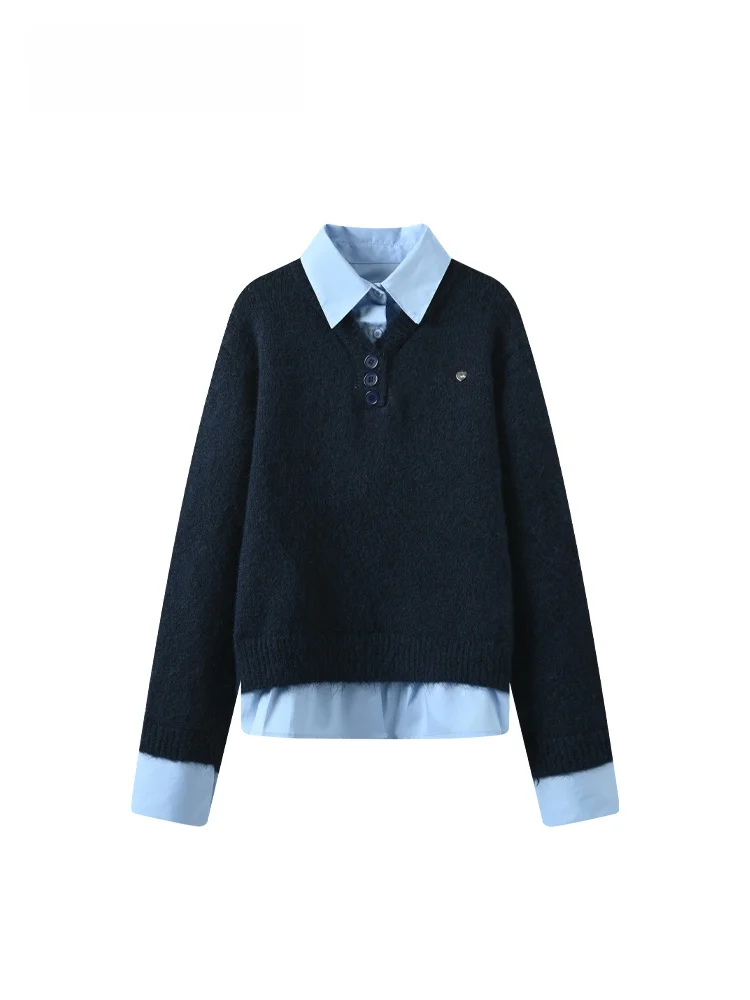 

plus Size Ne Long Sve irt Women Casual Spring Loose Fit Korean Sle Knitted Top Fake Two-Piece Ensemble