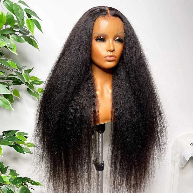 Yaki-Perruque Lace Front Kinky Straight pour Femme, Cheveux de Bébé, Degré de Chaleur, Sans Colle, Préplumé, Densité 180, 26 po, Noir Naturel, 03/3