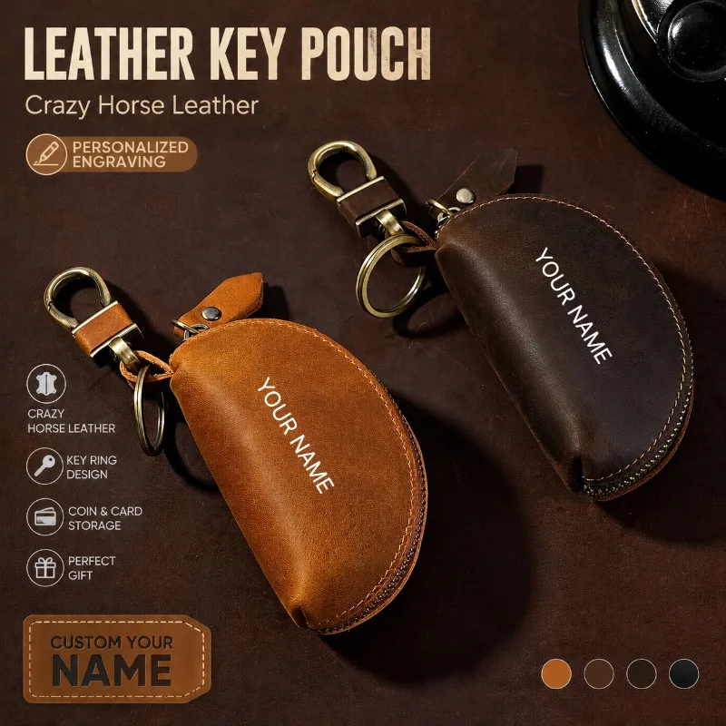 

Crazy Horse Leather Car Key Case Full Grain Cowhide Key Holder Personalized Engraved Zipper Key Wallet for Men Women