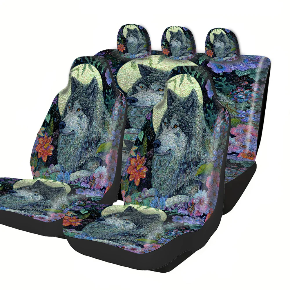 2-5 Seat Set Car Seat Covers, Premium Polyester Universal Fit, Elegant Wolf Floral Design, Perfect For Trucks Suvs Off-Road Cars