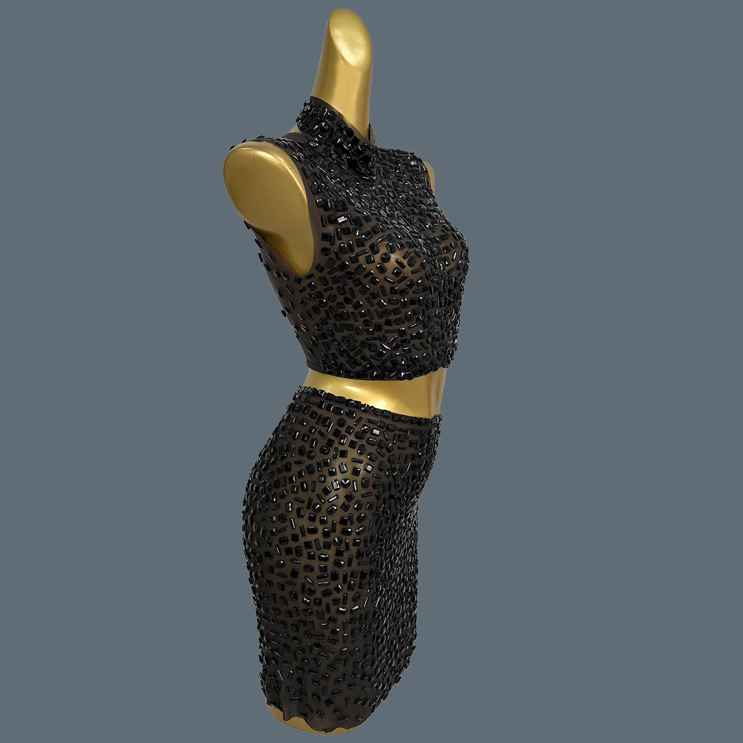 夏キラキラ黒ラインストーンドレススーツセクシーなシアーメッシュ女性クロップトップミニスカート2ピースセット誕生日パーティー衣装bingkuai