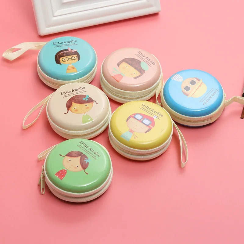 1PC Creative Circular Coin Wallet Cartoon Girl Storage Box Earphone Cable Mini Zipper Bag