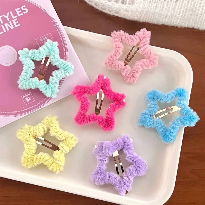 Sweet Colorful Plush Stars Hair Clip Hairpins Y2K Girls Fashion Side Bangs BB Clips Barrette Hair Accessories Haarklammer